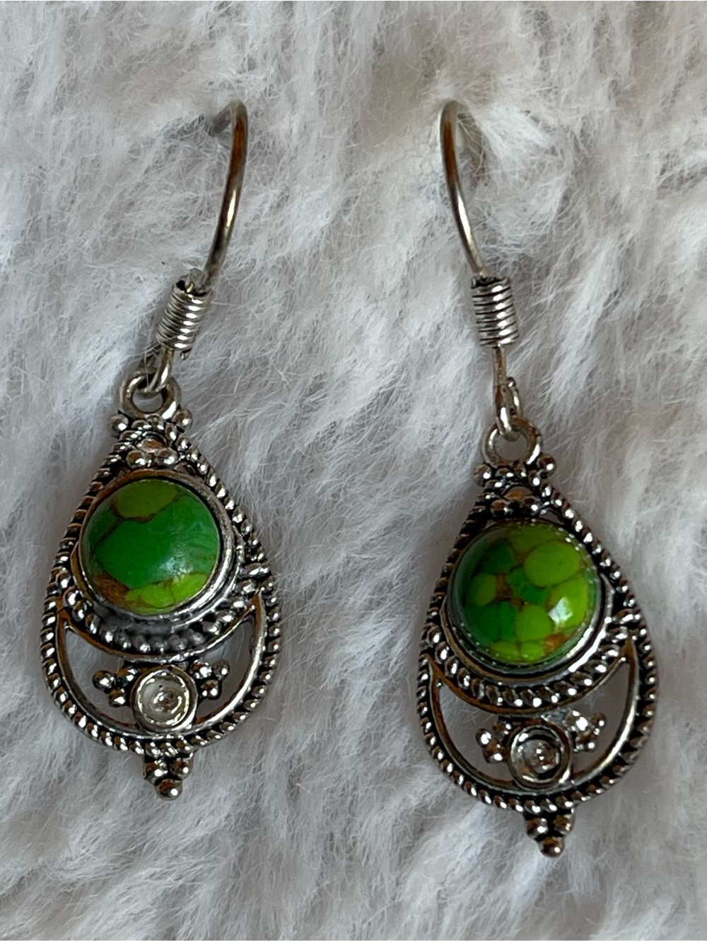 Silver Teardrop Earrings with Green Stone - Women Jewelry